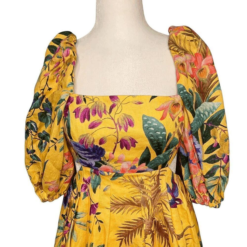 Zimmermann Tropicana Floral Linen Cut-Out Printed Yellow Mini Dress AU 0, US 4 - Picture 7 of 10